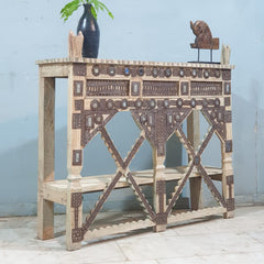 Indian Antique Hand Carved Iron Work Solid Wood Console Table 120X34X95 Cm Bleach Indian Antique Hand Carved Iron Work Solid Wood Console Table 120X34X95 Cm Bleach