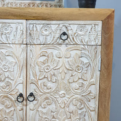 Indian Furniture Hand Carved Solid Wood Cabinet Whitewash Indian Furniture Hand Carved Solid Wood Cabinet Whitewash