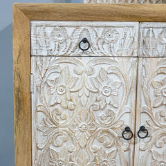 Indian Furniture Hand Carved Solid Wood Cabinet Whitewash Indian Furniture Hand Carved Solid Wood Cabinet Whitewash
