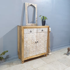 Indian Furniture Hand Carved Solid Wood Cabinet Whitewash Indian Furniture Hand Carved Solid Wood Cabinet Whitewash