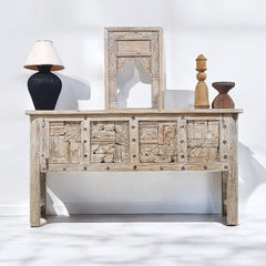 Handmade Carved Solid Hard Wood Old Door Console Table 150X45X92 CM Whitewash Handmade Carved Solid Hard Wood Old Door Console Table 150X45X92 CM Whitewash
