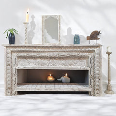 Indian Hand Carved Solid Wood Console Table Whitewash Indian Hand Carved Solid Wood Console Table Whitewash