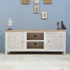 Carved Oasis Hand Carved Mango Wood 2 Doors TV Unit in All White Carved Oasis Hand Carved Mango Wood 2 Doors TV Unit in All White