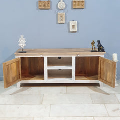 Carved Oasis Hand Carved Mango Wood 2 Doors TV Unit in All White Carved Oasis Hand Carved Mango Wood 2 Doors TV Unit in All White