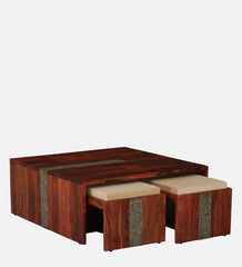 Shanti Surprise Sheesham Wood Nesting Coffee Table Set ( 4 Stools ) In Scratch Resistant Honey Oak Finish With Brass Cladding Shanti Surprise Sheesham Wood Nesting Coffee Table Set ( 4 Stools ) In Scratch Resistant Honey Oak Finish With Brass Cladding