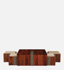 Shanti Surprise Sheesham Wood Nesting Coffee Table Set ( 4 Stools ) In Scratch Resistant Honey Oak Finish With Brass Cladding Shanti Surprise Sheesham Wood Nesting Coffee Table Set ( 4 Stools ) In Scratch Resistant Honey Oak Finish With Brass Cladding