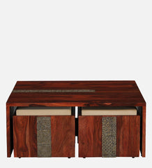 Shanti Surprise Sheesham Wood Nesting Coffee Table Set ( 4 Stools ) In Scratch Resistant Honey Oak Finish With Brass Cladding Shanti Surprise Sheesham Wood Nesting Coffee Table Set ( 4 Stools ) In Scratch Resistant Honey Oak Finish With Brass Cladding