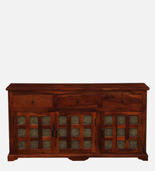 Sheesham Wood Sideboard In Scratch Resistant Honey Oak Finish With Brass Cladding Sheesham Wood Sideboard In Scratch Resistant Honey Oak Finish With Brass Cladding