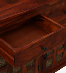 Sheesham Wood Sideboard In Scratch Resistant Honey Oak Finish With Brass Cladding Sheesham Wood Sideboard In Scratch Resistant Honey Oak Finish With Brass Cladding