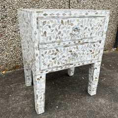 Mother Of Pearl Inlay White Floral Pattern Bedside Table With Drawers Mother Of Pearl Inlay White Floral Pattern Bedside Table With Drawers
