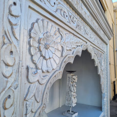 Indian Hand Carved Mehrab Solid Hard Wood White Wash Bookshelf 96x38x240Cm Indian Hand Carved Mehrab Solid Hard Wood White Wash Bookshelf 96x38x240Cm
