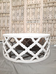 Bristol Indian Solid Wood Hand Carved Round Coffee Table White Bristol Indian Solid Wood Hand Carved Round Coffee Table White
