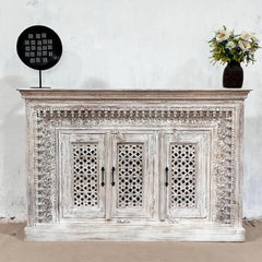 Indian Handmade Carved Solid Hard Wood 3 Doors Sideboard Greywash 150x40x100Cm Indian Handmade Carved Solid Hard Wood 3 Doors Sideboard Greywash 150x40x100Cm