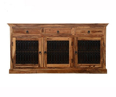 Indian Wooden Buffet Cabinet Sideboard With Jali Doors & Drawers Natural Indian Wooden Buffet Cabinet Sideboard With Jali Doors & Drawers Natural