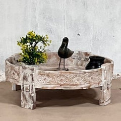 Indian Antique Carved Solid Wooden Grinder Coffee Table Whitewash Indian Antique Carved Solid Wooden Grinder Coffee Table Whitewash