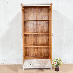 Indian Handmade Solid Hard Wood Cabinet Almirah Floral Carving in Whitewash 95x40x200Cm Indian Handmade Solid Hard Wood Cabinet Almirah Floral Carving in Whitewash 95x40x200Cm