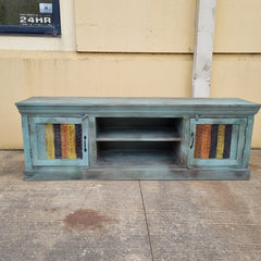 Handmade Indian Furniture Solid Hard Wood TV Unit with 2 Doors Multicolor Handmade Indian Furniture Solid Hard Wood TV Unit with 2 Doors Multicolor