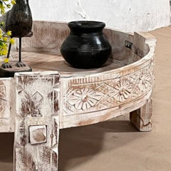 Indian Antique Carved Solid Wooden Grinder Coffee Table Whitewash Indian Antique Carved Solid Wooden Grinder Coffee Table Whitewash