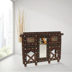 Carved Handmade Indian Vintage Solid Hard Wood Sideboard Damchiya Brown Carved Handmade Indian Vintage Solid Hard Wood Sideboard Damchiya Brown