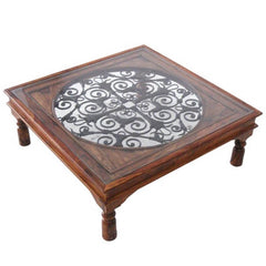 Takat Metal Jali Natural Solid Wood Spanish Coffee Table Takat Metal Jali Natural Solid Wood Spanish Coffee Table