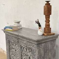 Indian Handmade Carved Solid Hard Wood 2 Door Cabinet Greywash 90x40x90Cm Indian Handmade Carved Solid Hard Wood 2 Door Cabinet Greywash 90x40x90Cm