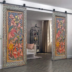 Barn Door Floral Carved Farmhouse Barn Door Multicolor 180x86cm Barn Door Floral Carved Farmhouse Barn Door Multicolor 180x86cm