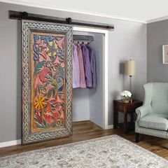 Barn Door Floral Carved Farmhouse Barn Door Multicolor 180x86cm Barn Door Floral Carved Farmhouse Barn Door Multicolor 180x86cm