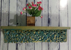 Handmade Home Decor Carved Mango Wood Floating Wall Shelf in Green Handmade Home Decor Carved Mango Wood Floating Wall Shelf in Green