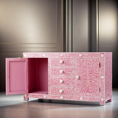 Bone Inlay Handmade Solid Hard Wood Modish Sideboard Pink Floral Pattern Bone Inlay Handmade Solid Hard Wood Modish Sideboard Pink Floral Pattern