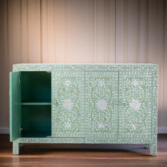 Mother of Pearl Inlay Handmade Solid Hard Wood Modish Sideboard Grey Floral Pattern Mother of Pearl Inlay Handmade Solid Hard Wood Modish Sideboard Grey Floral Pattern
