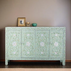 Mother of Pearl Inlay Handmade Solid Hard Wood Modish Sideboard Grey Floral Pattern Mother of Pearl Inlay Handmade Solid Hard Wood Modish Sideboard Grey Floral Pattern