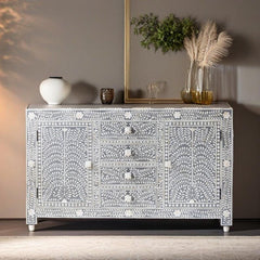 Bone Inlay Handmade Solid Hard Wood Modish Sideboard Grey Floral Pattern Bone Inlay Handmade Solid Hard Wood Modish Sideboard Grey Floral Pattern