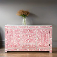 Bone Inlay Handmade Solid Hard Wood Modish Sideboard Pink Floral Pattern Bone Inlay Handmade Solid Hard Wood Modish Sideboard Pink Floral Pattern