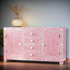 Bone Inlay Handmade Solid Hard Wood Modish Sideboard Pink Floral Pattern Bone Inlay Handmade Solid Hard Wood Modish Sideboard Pink Floral Pattern