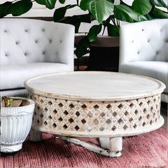 Bristol Solid Mango Wood Round Coffee Table Whitewash Bristol Solid Mango Wood Round Coffee Table Whitewash