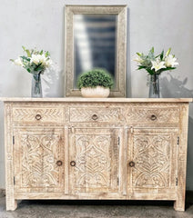 Carved Oasis Hand Carved Mango Wood Wooden Sideboard in Distressed Carved Oasis Hand Carved Mango Wood Wooden Sideboard in Distressed