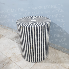 ANNETTE Bone Inlay Round Drum Side Table Black Stripe Pattern ANNETTE Bone Inlay Round Drum Side Table Black Stripe Pattern