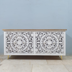 Indian Hand Carved Solid Wooden 4x Door Sideboard White Indian Hand Carved Solid Wooden 4x Door Sideboard White