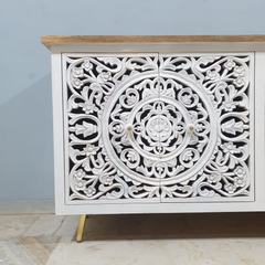 Indian Hand Carved Solid Wooden 4x Door Sideboard White Indian Hand Carved Solid Wooden 4x Door Sideboard White