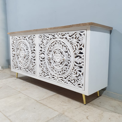 Indian Hand Carved Solid Wooden 4x Door Sideboard White Indian Hand Carved Solid Wooden 4x Door Sideboard White