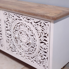 Indian Hand Carved Solid Wooden 4x Door Sideboard White Indian Hand Carved Solid Wooden 4x Door Sideboard White
