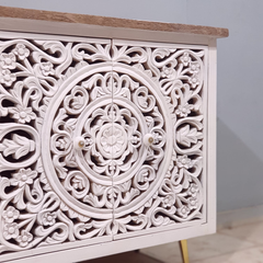 Indian Hand Carved Solid Wooden 4x Door Sideboard White Indian Hand Carved Solid Wooden 4x Door Sideboard White