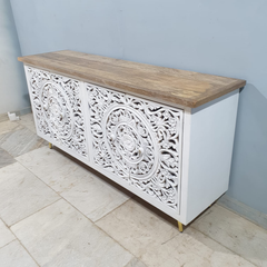Indian Hand Carved Solid Wooden 4x Door Sideboard White Indian Hand Carved Solid Wooden 4x Door Sideboard White