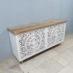 Indian Hand Carved Solid Wooden 4x Door Sideboard White Indian Hand Carved Solid Wooden 4x Door Sideboard White