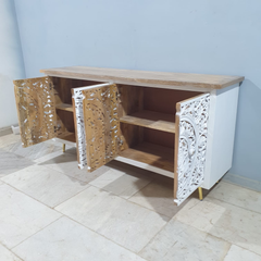 Indian Hand Carved Solid Wooden 4x Door Sideboard White Indian Hand Carved Solid Wooden 4x Door Sideboard White