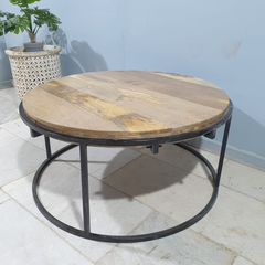Hand Carved Indian Mango Wood Round Metal Coffee Table 100x45 cm Hand Carved Indian Mango Wood Round Metal Coffee Table 100x45 cm