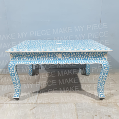 PETER Bone Inlay Anne French Solid Wood Coffee Table Blue White Floral Pattern PETER Bone Inlay Anne French Solid Wood Coffee Table Blue White Floral Pattern