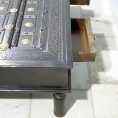 Handmade Indian Furniture Solid Mango Wood Carved Coffee Table With 2 Drawers Brass Work Handmade Indian Furniture Solid Mango Wood Carved Coffee Table With 2 Drawers Brass Work