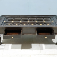 Handmade Indian Furniture Solid Mango Wood Carved Coffee Table With 2 Drawers Brass Work Handmade Indian Furniture Solid Mango Wood Carved Coffee Table With 2 Drawers Brass Work