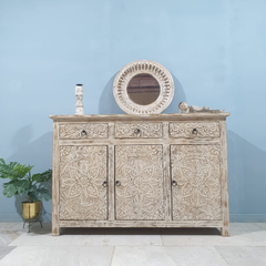Handmade Carved Indian Furniture Mango Hard Wood 3 Drawers 3 Doors Sideboard Creamwash Handmade Carved Indian Furniture Mango Hard Wood 3 Drawers 3 Doors Sideboard Creamwash